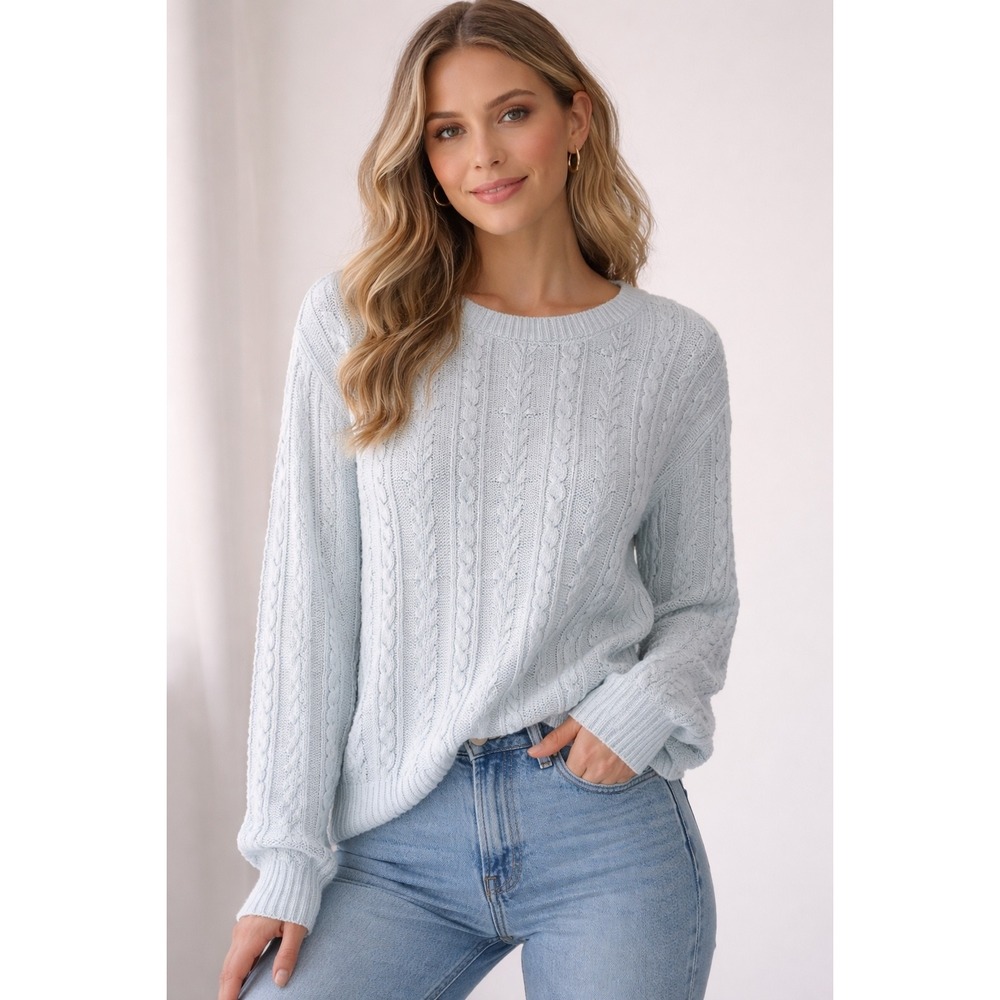 NWT Single Thread Ice‎ Melt Blue Cable Knit Keyhole Back Sweater Large Winter